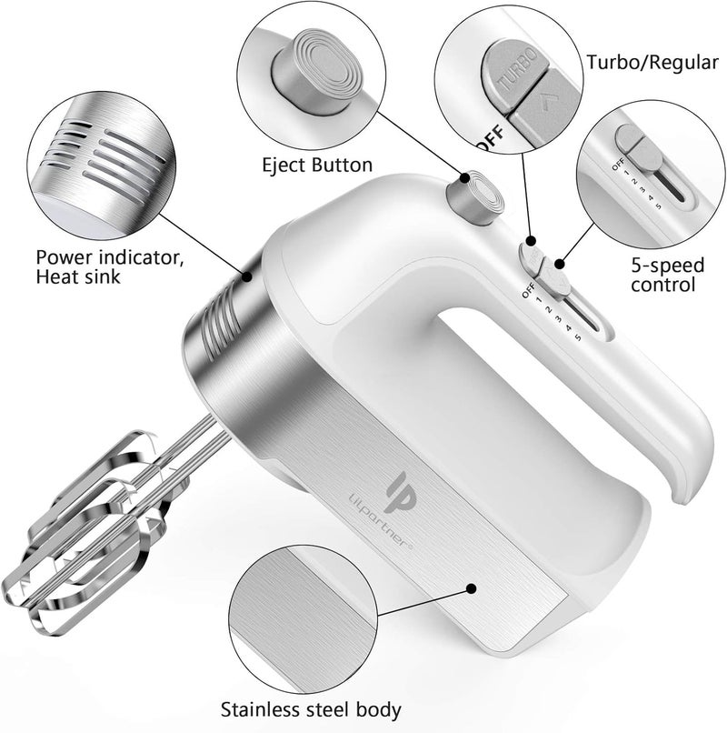 LILPARTNER Hand Mixer Electric, 450W Kitchen Mixers with Scale Cup Storage Case, Turbo Boost/Self-Control Speed + 5 Speed + Eject Button + 5 Stainless Steel Accessories, For Easy Whipping Dough, Cream, White - Image 2